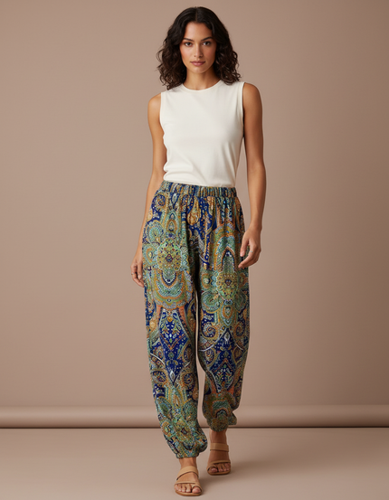 Pantalon Parachute Fluide Imprimé Cachemire Taille Haute Femme - Multicolore Viscose
