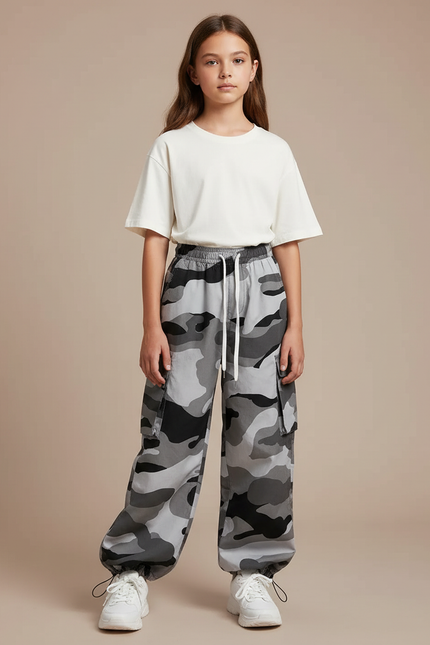 Pantalon Parachute Camouflage Gris Cargo Ample Femme Y2K - Polyester