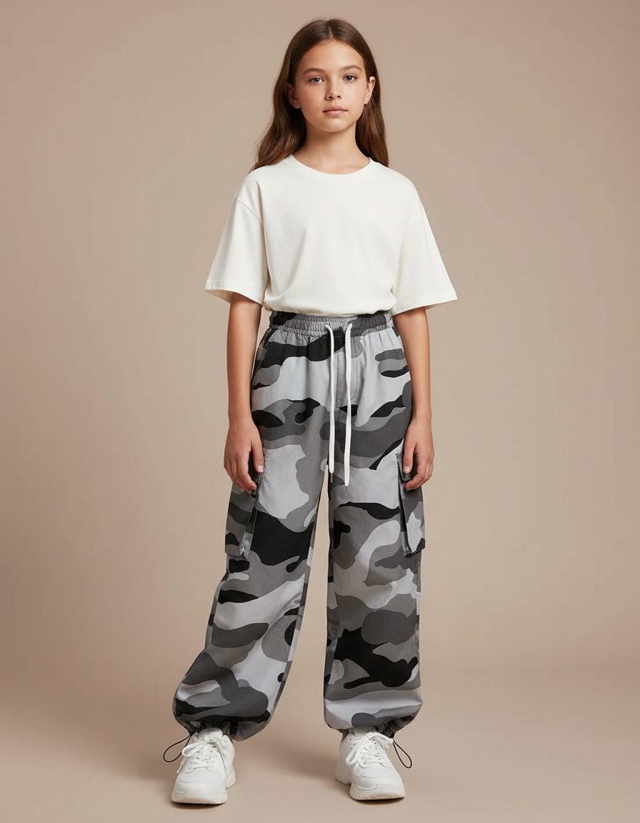 Pantalon Parachute Camouflage Gris Cargo Ample Femme Y2K - Polyester
