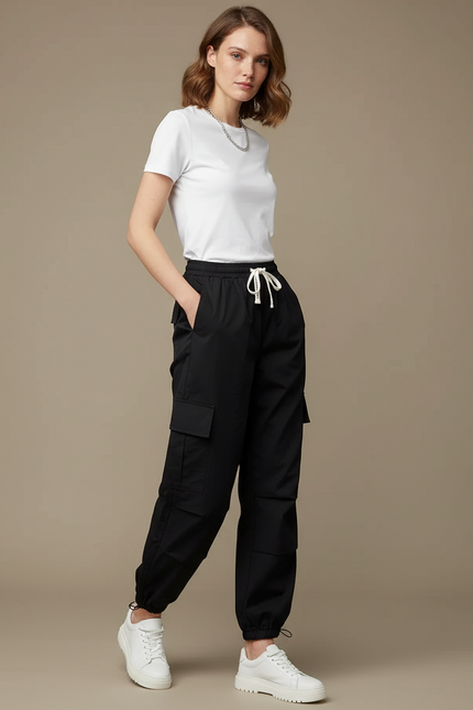 Pantalon Parachute Noir Cargo Ample Femme Urbain - Polyester