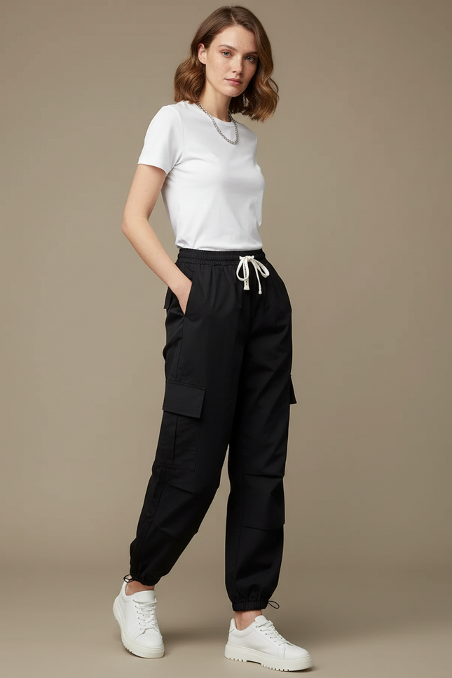 Pantalon Parachute Noir Cargo Ample Femme Urbain - Polyester