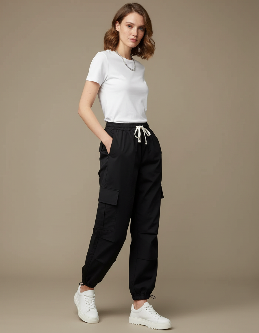 Pantalon Parachute Noir Cargo Ample Femme Urbain - Polyester