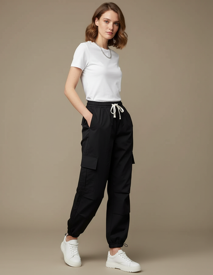 Pantalon Parachute Noir Cargo Ample Femme Urbain - Polyester