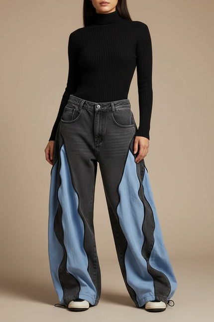 Pantalon Parachute Gris Bleu Ample Ondulé Y2K - Multicolore Jean