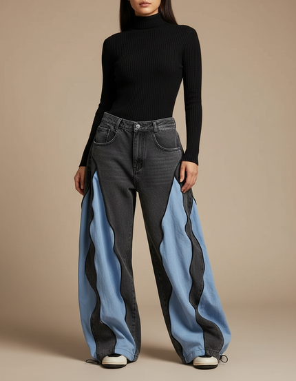 Pantalon Parachute Gris Bleu Ample Ondulé Y2K - Multicolore Jean