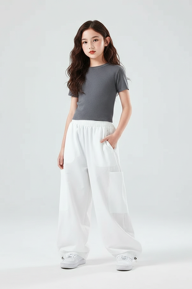 Pantalon Parachute Blanc Ample Fille Décontracté - Polyester