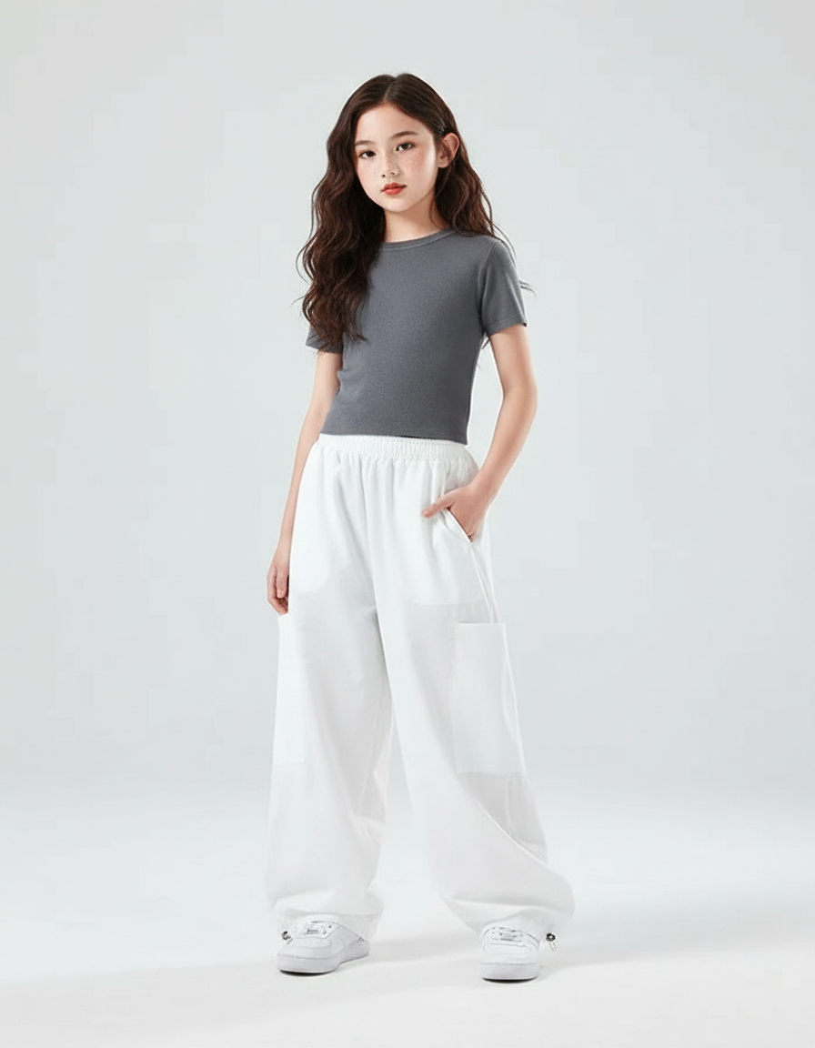 Pantalon Parachute Blanc Ample Fille Décontracté - Polyester