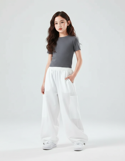 Pantalon Parachute Blanc Ample Fille Décontracté - Polyester