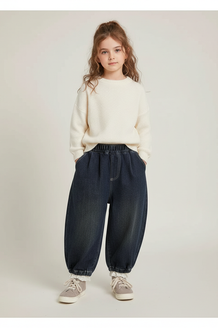 Pantalon Parachute Jean Ample Élastique Fille - Marine