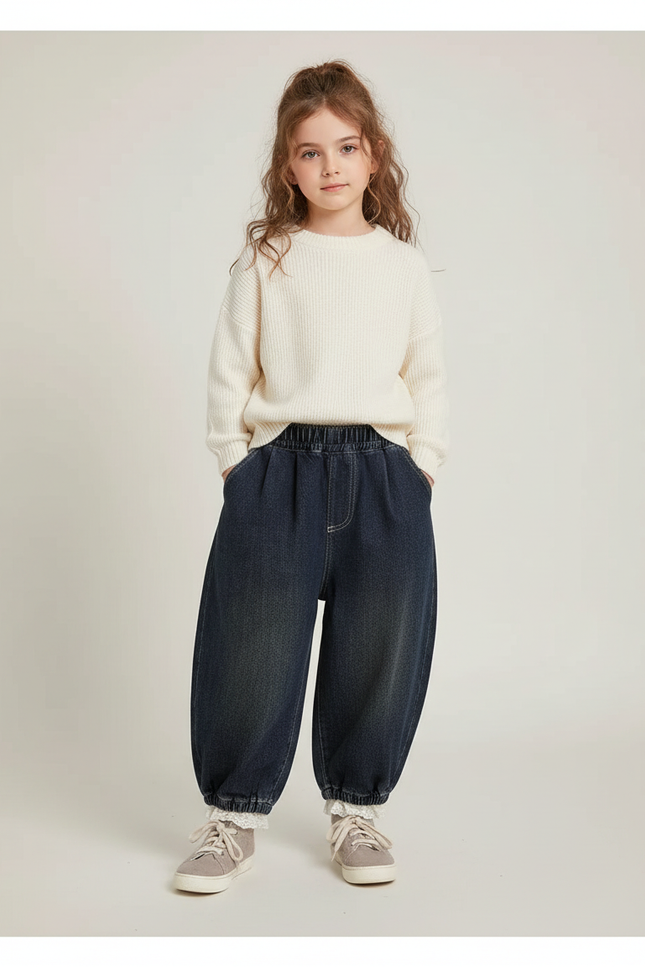 Pantalon Parachute Jean Ample Élastique Fille - Marine