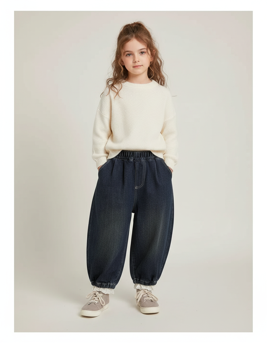 Pantalon Parachute Jean Ample Élastique Fille - Marine