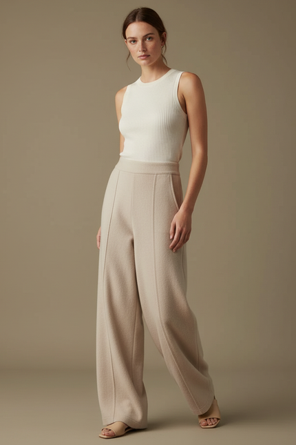 Pantalon Parachute Beige Ample Laine Chaud Élégant