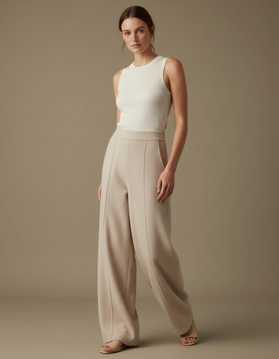 Pantalon Parachute Beige Ample Laine Chaud Élégant