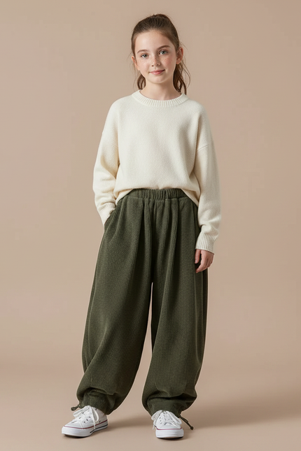 Pantalon Parachute Vert Côtelé Ample Décontracté Enfant - Cordé