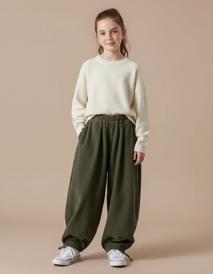 Pantalon Parachute Vert Côtelé Ample Décontracté Enfant - Cordé