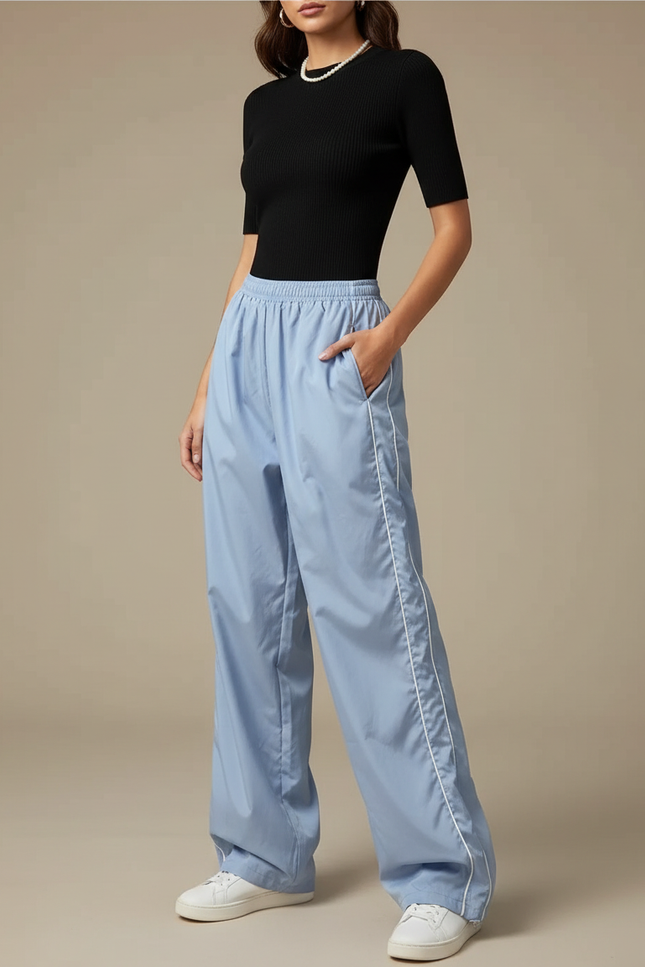 Pantalon Parachute Bleu Ciel Ample Rayures Blanches - Polyester