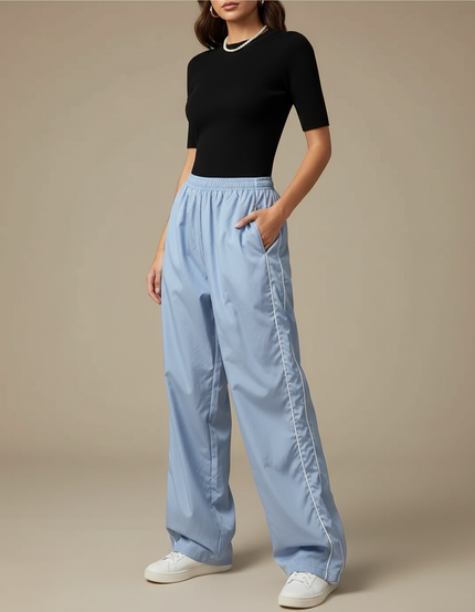Pantalon Parachute Bleu Ciel Ample Rayures Blanches - Polyester