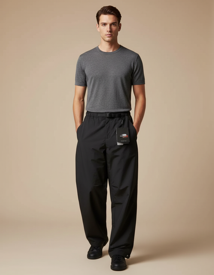 Pantalon Parachute Noir Ample Imperméable Unisexe Décontracté - Polyester