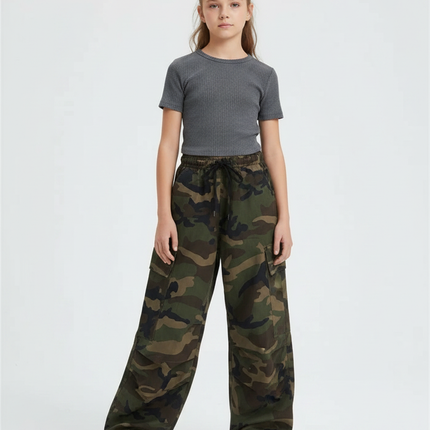 Pantalon Parachute Camouflage Ample Kaki Vert Enfant - Toile