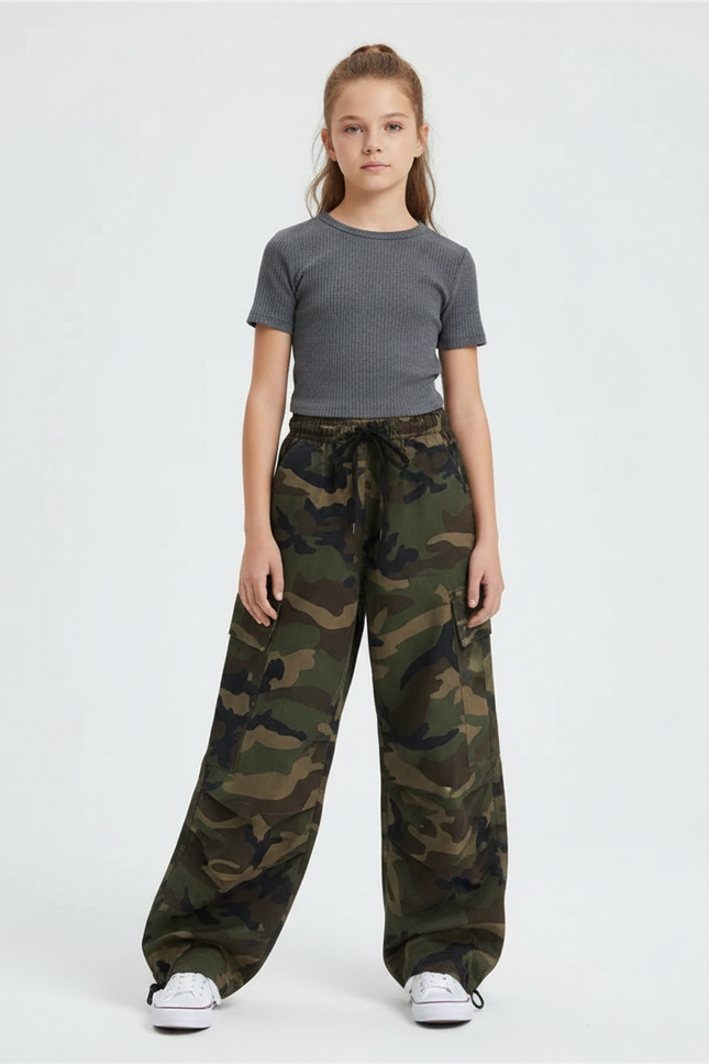 Pantalon Parachute Camouflage Ample Kaki Vert Enfant - Toile