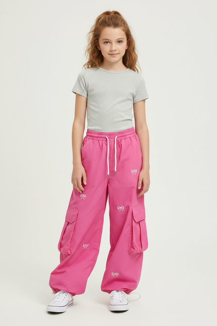 Pantalon Parachute Rose Cargo Imprimé Nœuds Fille - Polyester