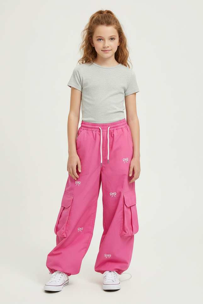 Pantalon Parachute Rose Cargo Imprimé Nœuds Fille - Polyester