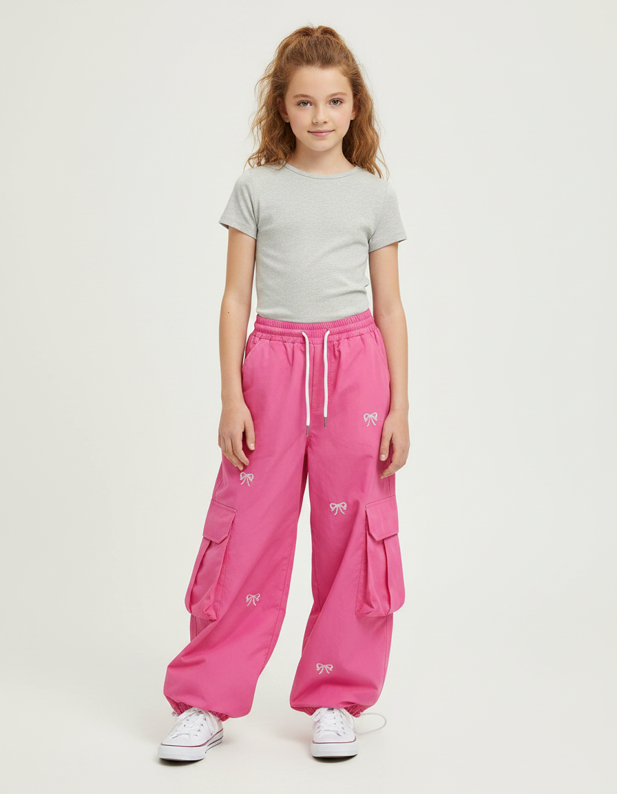 Pantalon Parachute Rose Cargo Imprimé Nœuds Fille - Polyester