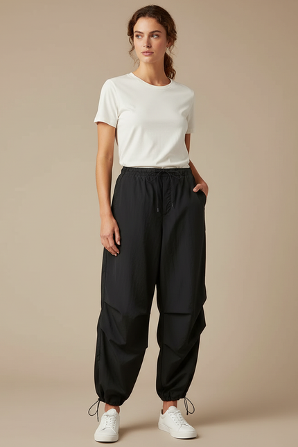 Pantalon Parachute Noir Ample Cargo Taille Élastique - Polyester
