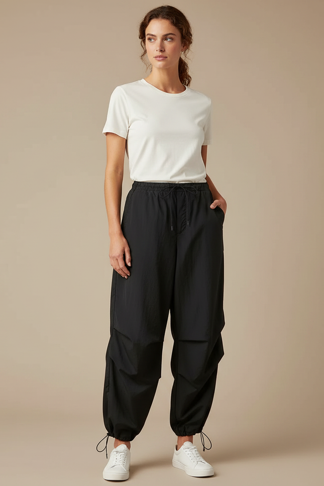 Pantalon Parachute Noir Ample Cargo Taille Élastique - Polyester