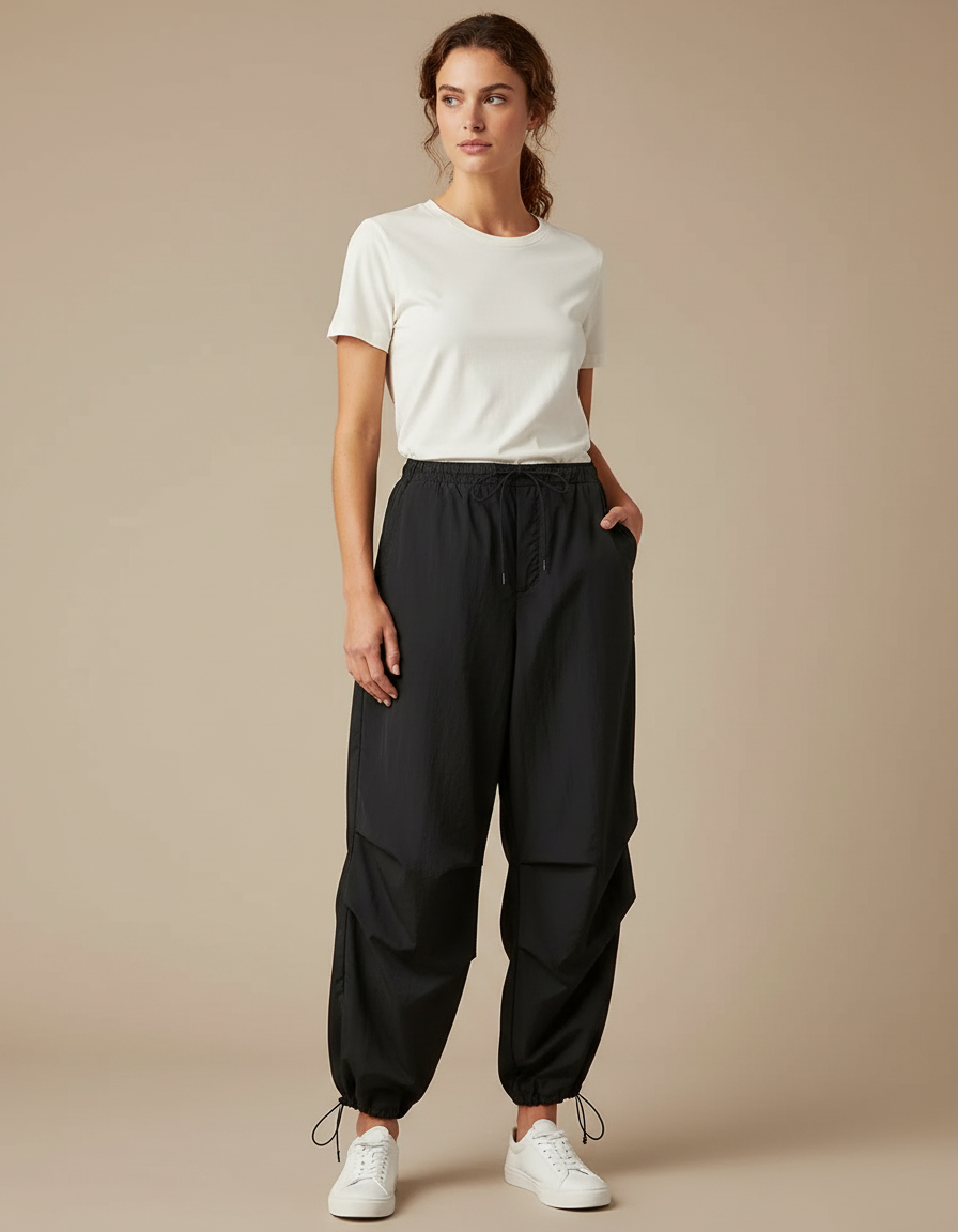 Pantalon Parachute Noir Ample Cargo Taille Élastique - Polyester