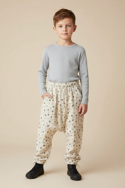 Pantalon Parachute Crème Côtelé Fleuri Ample Enfant - Beige Cordé