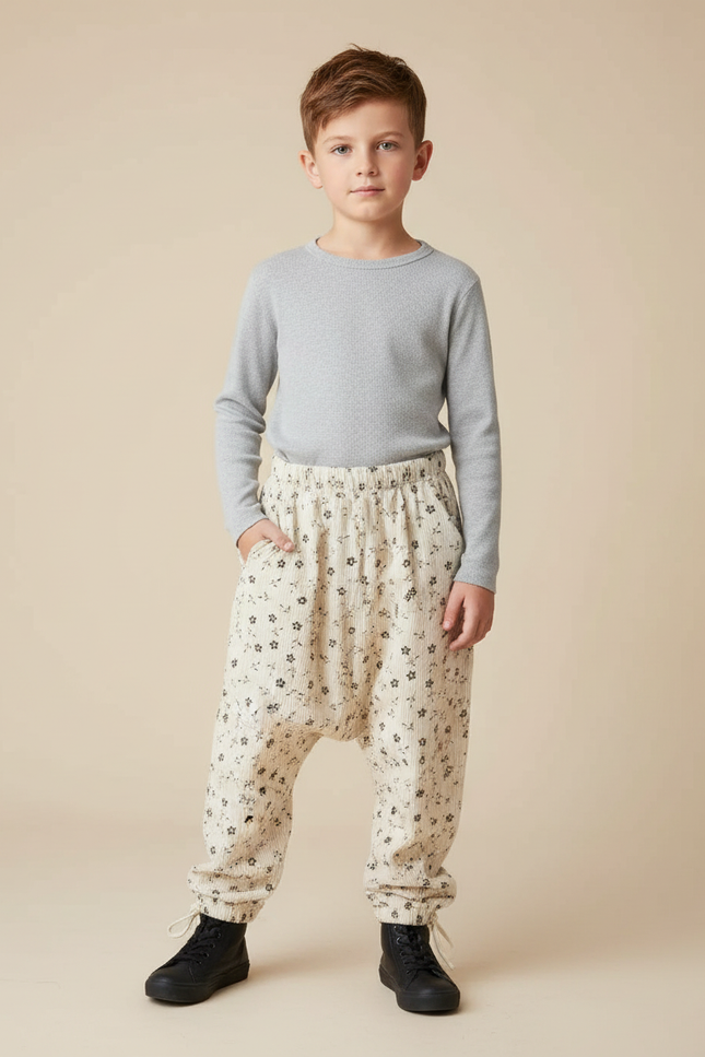 Pantalon Parachute Crème Côtelé Fleuri Ample Enfant - Beige Cordé