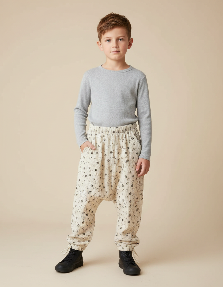 Pantalon Parachute Crème Côtelé Fleuri Ample Enfant - Beige Cordé