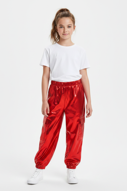 Pantalon Parachute Rouge Métallisé Cargo Brillant Enfant - Polyester