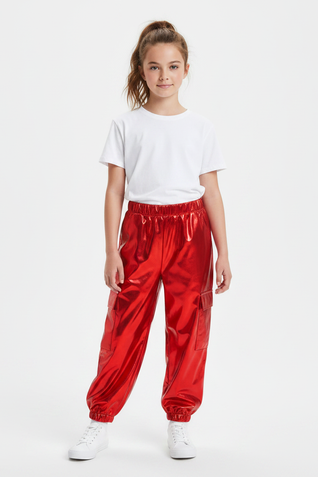 Pantalon Parachute Rouge Métallisé Cargo Brillant Enfant - Polyester