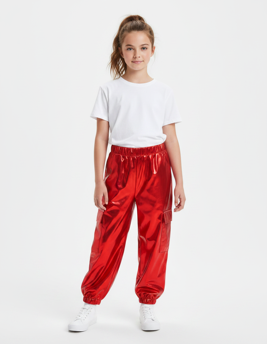 Pantalon Parachute Rouge Métallisé Cargo Brillant Enfant - Polyester