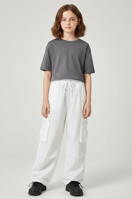 Pantalon Parachute Blanc Cargo Décontracté Ample Fille - Toile