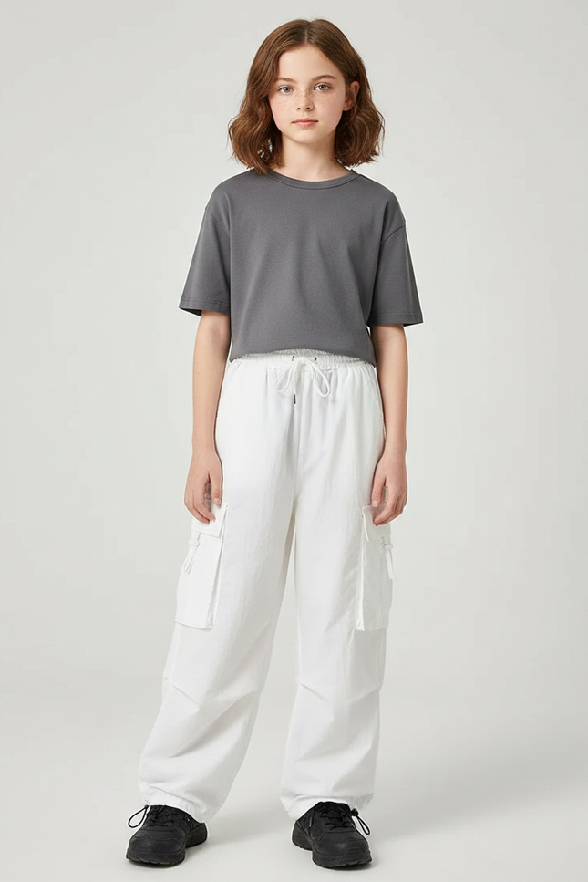 Pantalon Parachute Blanc Cargo Décontracté Ample Fille - Toile