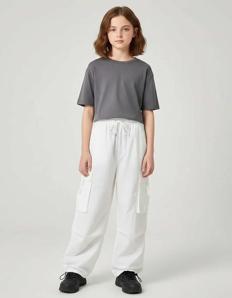 Pantalon Parachute Blanc Cargo Décontracté Ample Fille - Toile