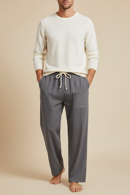 Pantalon Parachute Gris Coton Lin Ample Homme Cordon