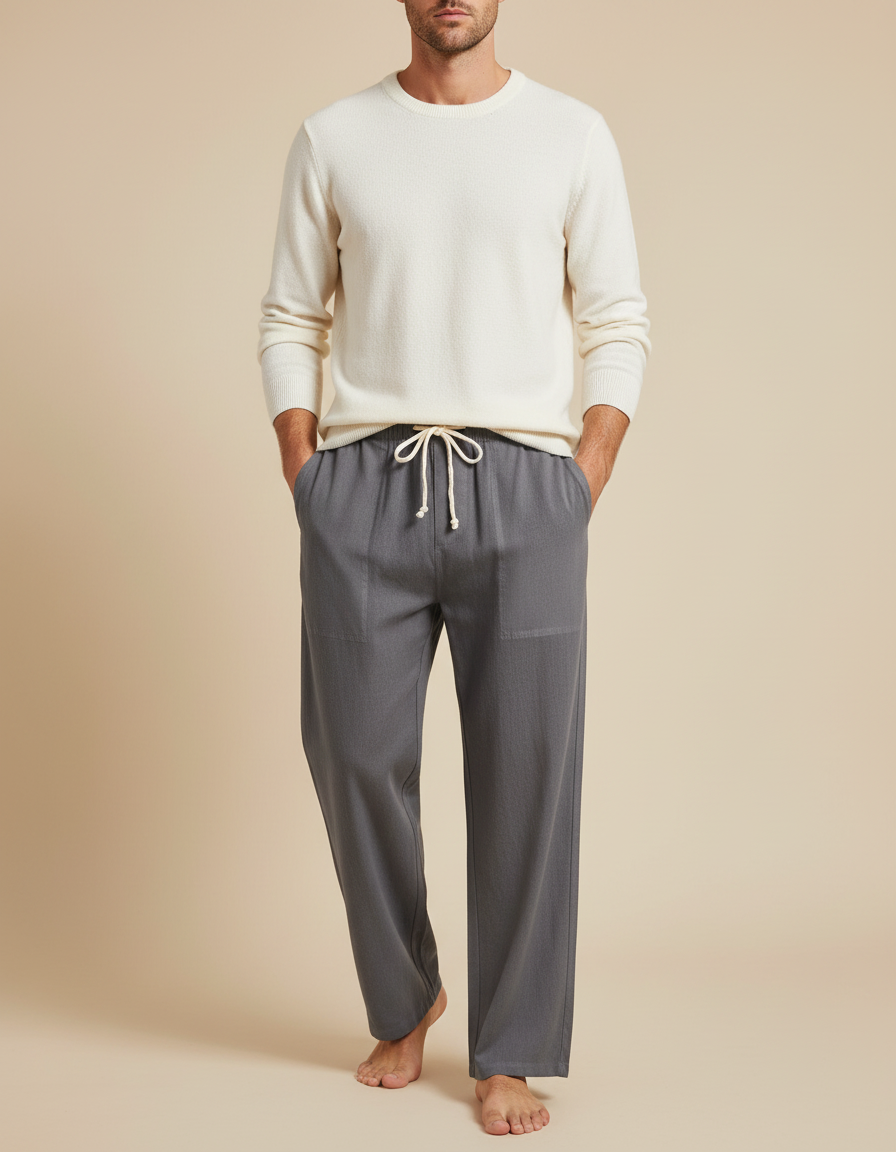 Pantalon Parachute Gris Coton Lin Ample Homme Cordon