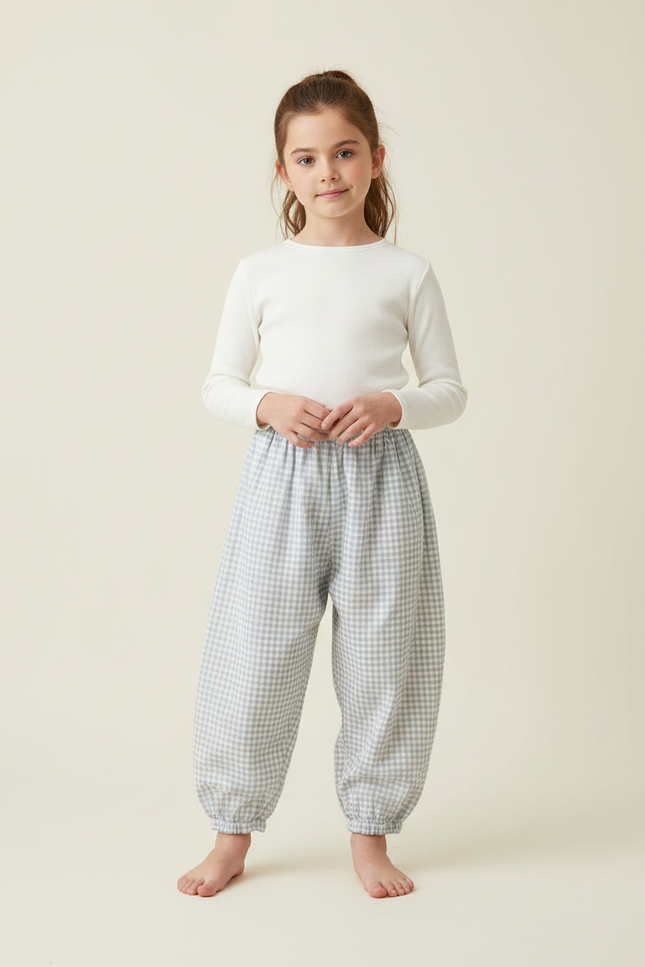 Pantalon Parachute Vichy Coton Ample Froncé Enfant - Bleu