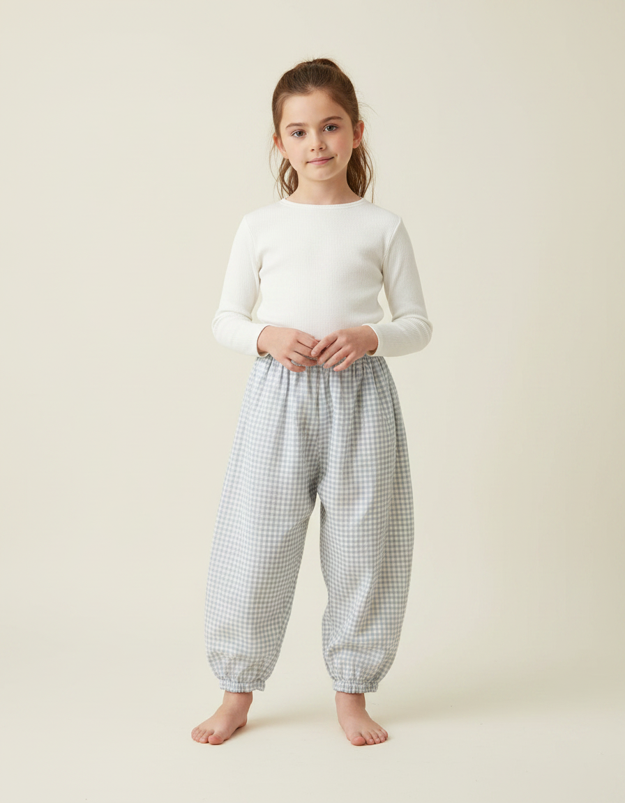 Pantalon Parachute Vichy Coton Ample Froncé Enfant - Bleu