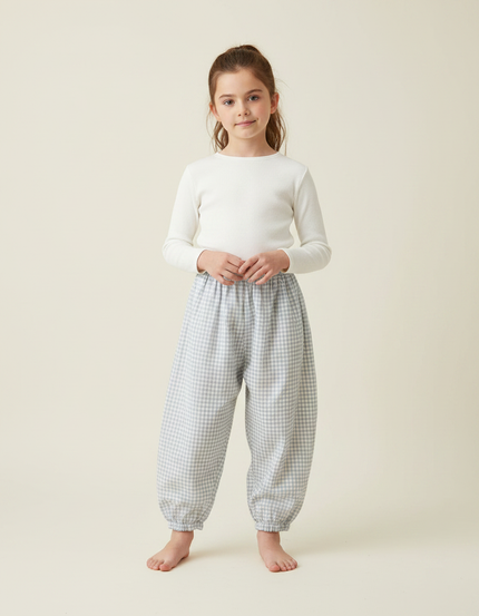 Pantalon Parachute Vichy Coton Ample Froncé Enfant - Bleu