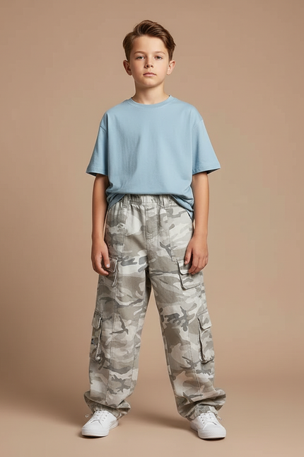 Pantalon Parachute Camouflage Cargo Ample Garçon Coton - Gris