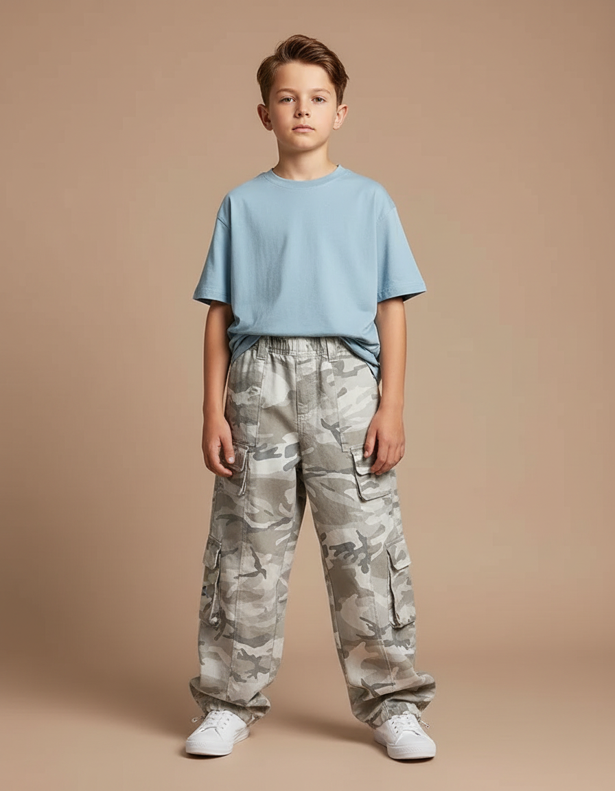 Pantalon Parachute Camouflage Cargo Ample Garçon Coton - Gris
