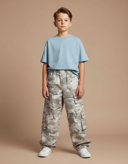 Pantalon Parachute Camouflage Cargo Ample Garçon Coton - Gris