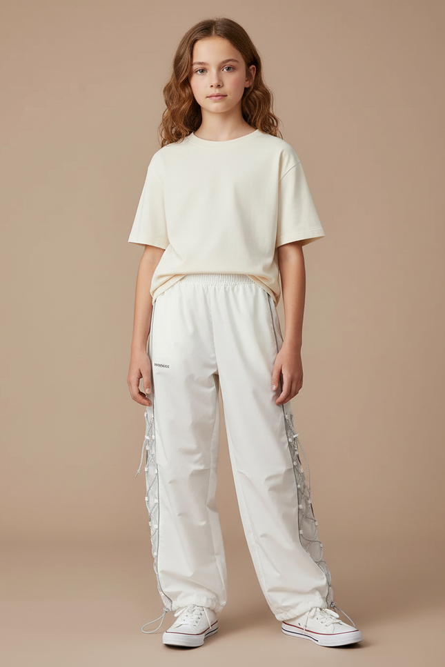 Pantalon Parachute Blanc Ample Lacets Streetwear Décontracté - Polyester