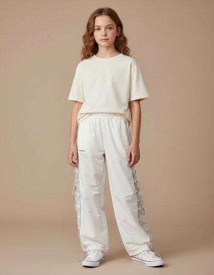 Pantalon Parachute Blanc Ample Lacets Streetwear Décontracté - Polyester