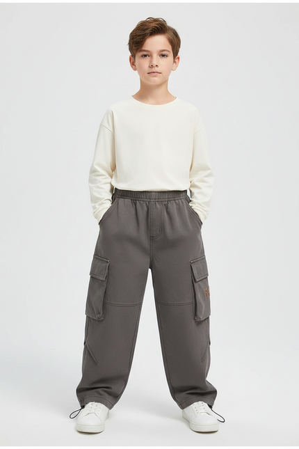Pantalon Parachute Cargo Gris Ample Garçon Décontracté Coton - Molleton
